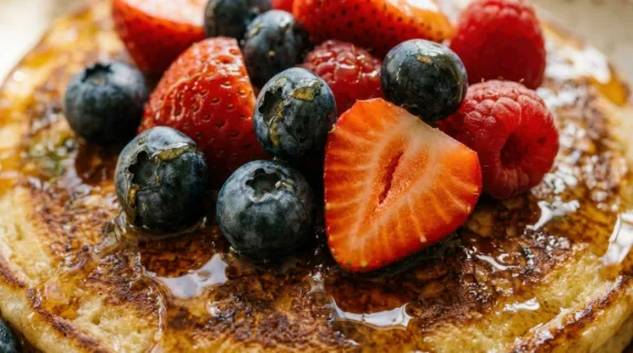 a close-up detail shot of a fluffy pancake, glistening with golden syrup, and topped with an exquisite assortment of strawberries, blueberries, and raspberries,