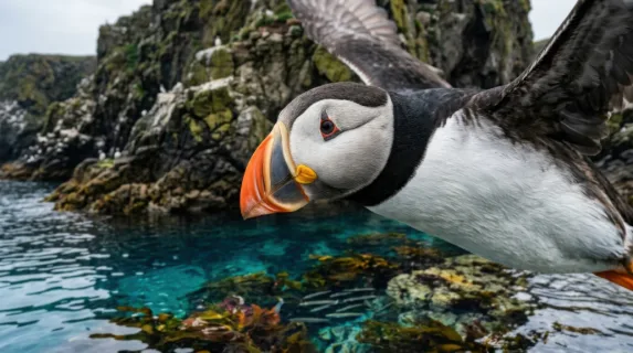 an intimate detail shot focusing on a puffin in flight, its vibrant beak and feathers highlighted against the cliff backdrop. below, the crystal-clear waters reveal