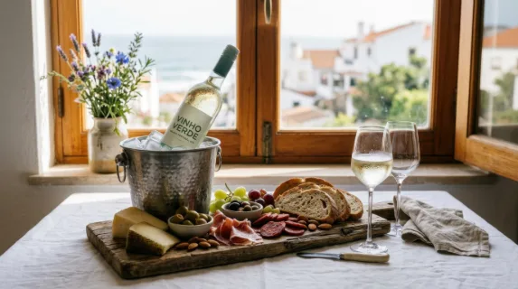 a chilled bottle of vinho verde stands proudly in an ice-filled bucket, accompanied by a vibrant iberian picnic spread filled with artisanal cheeses, charcuterie, olives,