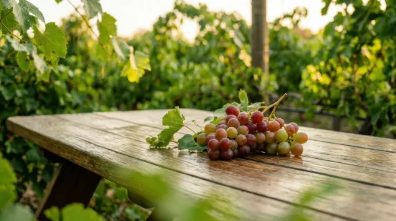 a close-up of a smooth wooden picnic table nestled within a vibrant vineyard, the surface reflecting the soft, muted tones of green leaves and warm sunlight. the tranquil