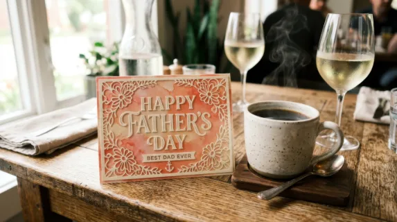 a close-up of the vibrant father's day card placed next to the steaming coffee cup emphasizes the intricate textures and colors against the rustic wooden table. the light