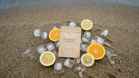 an overhead view of the small serum pouch placed on the sandy surface near the water, surrounded by melting ice and citrus slices. this unique perspective showcases the