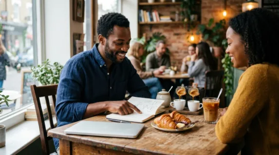in a cozy cafe, a 30-year-old black male product developer engages in quiet collaboration over coffee, seated at a wooden table. the scene features espresso shots being