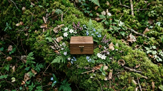 a distinct overhead angle showcases the small cosmetic box at the center of the lush forest floor, surrounded by floral arrangements. the diagonal crop creates a dynamic