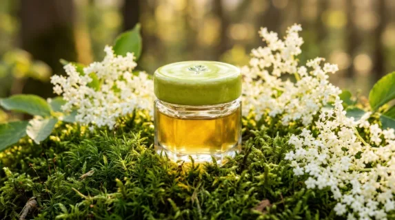 an intimate detail shot of a small cosmetic box resting on velvety green moss, framed by soft elderflower blooms. the focus highlights the vibrant yellow and zesty lime