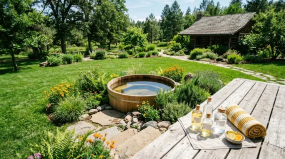 a high-angle shot captures an outdoor cold plunge tub nestled on a lush green lawn, showcasing the serene ambiance of a tranquil retreat. bright sunlight illuminates the