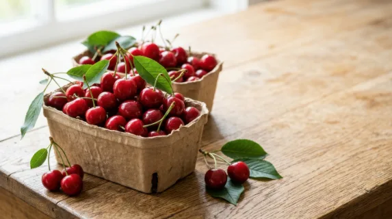 a dynamic, graphic composition focusing on a cluster of fresh cherries in rustic paper punnets on a wooden surface, with soft natural sunlight illuminating the scene. the