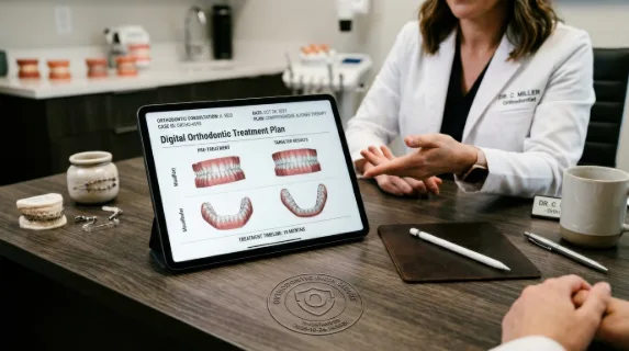an overhead view of the consultation table showcasing the digital document with a secure digital seal subtly placed in the foreground, hinting at the importance of