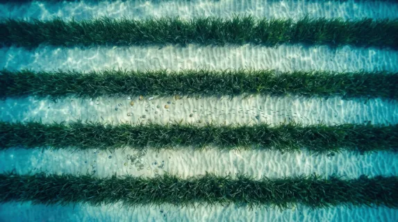 a unique top-down angle of the underwater scene featuring rows of seagrass, creating a visual pattern that leads the eye through the water. the turquoise and sandy tones