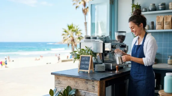 a graphic commercial composition highlighting the barista at work, framed with ample negative space for text overlay. the vibrant urban slate and cool blue tones dominate