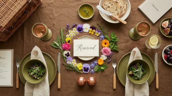 an overhead view of a beautifully arranged picnic setup with the place card at the center, surrounded by colorful garnishes like edible flowers and herbs on the rustic
