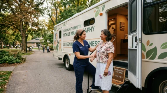 a mobile mammography clinic parked in a community space, featuring a 38-year-old middle eastern female technologist gently preparing a patient for a screening, creating a
