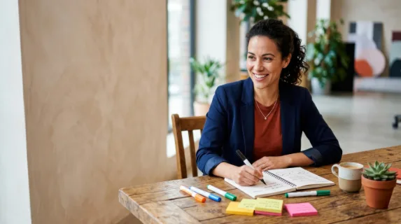 a bold, graphic composition of the team leader seated at a rustic wooden table, with ample negative space surrounding her, inviting text overlay for promotional use. the