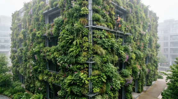 A lush vertical garden wall covering an entire building facade, thousands of plant species in varying shades of green, cascading ferns and flowering vines growing between