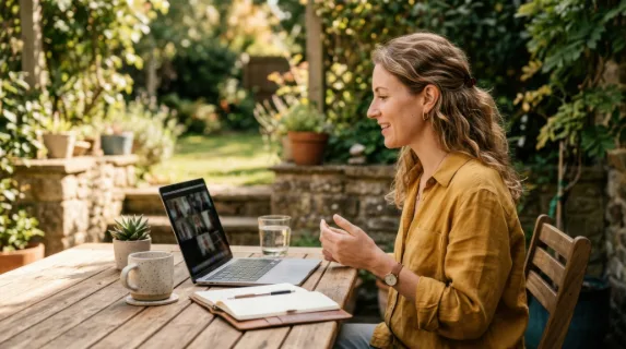 a distinct side profile view of a 35-year-old caucasian female remote worker in a sunlit outdoor setting, engaged in a video call on her laptop. the natural wood table is