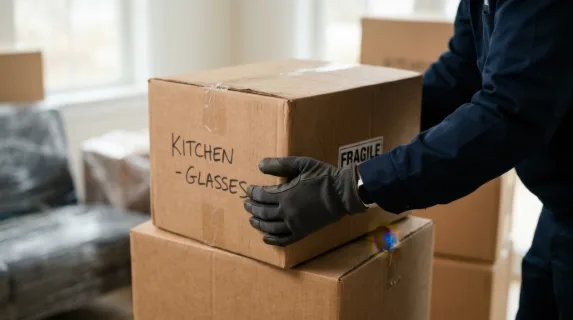 a close-up of the mover's hands adjusting one of the neatly stacked boxes, showcasing his readiness and confidence. the background blurs softly to keep the focus on the