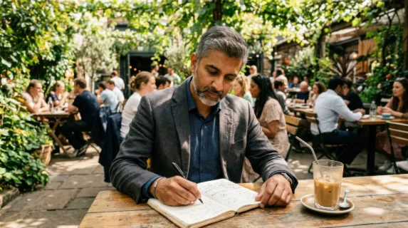 a 45-year-old south asian male entrepreneur is seated at an outdoor cafe table, mapping out a pitch in a notepad. the lively cafescape around him is filled with people