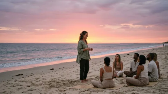 a graphic composition of the wellness advocate leading the beach reflection, emphasized with negative space around her for potential text overlay. the warm sunset light