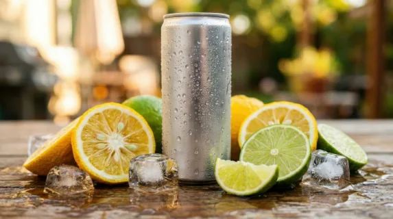 a tight focus on the condensation droplets on a blank slim can, surrounded by vibrant slices of fresh yuzu and lime. melting ice cubes rest nearby, catching light and
