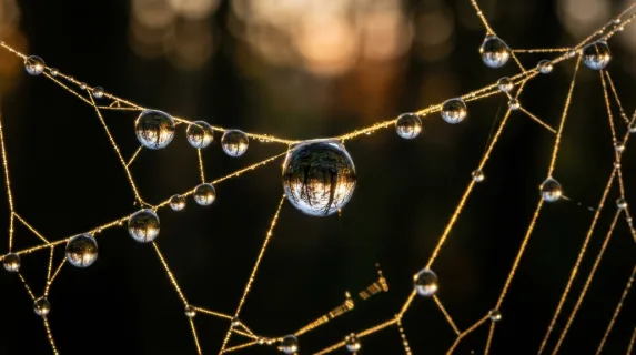 A microscopic world of water droplets on a spider web at dawn, each spherical drop containing a perfectly inverted reflection of the surrounding forest, the web threads