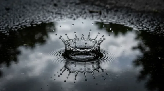 A time-frozen image of a raindrop hitting a still puddle surface, the crown splash at perfect peak symmetry, sixteen individual droplets arcing outward at equal intervals