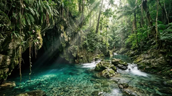 A subterranean river emerging from a hidden cave mouth into a jungle gorge, crystal-clear water revealing every pebble on the riverbed five meters below, the cave