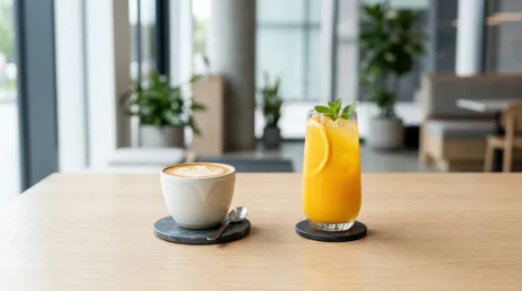 a graphic composition of the two breakfast drinks on a minimalist table in a modern cafe, focusing on the elegance of the coffee and juice arrangement. generous negative