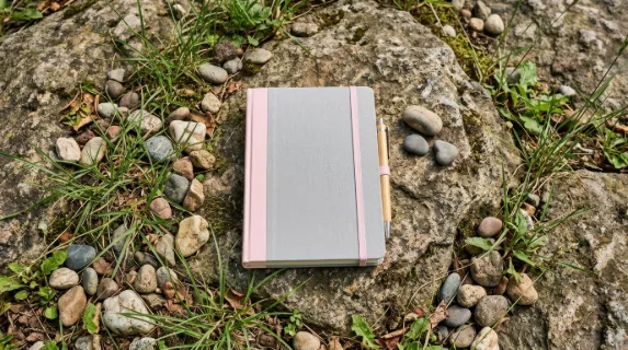 an overhead capture of the notebook on a rocky surface, surrounded by blades of grass and pebbles, emphasizing a fresh perspective. the natural light creates an inviting