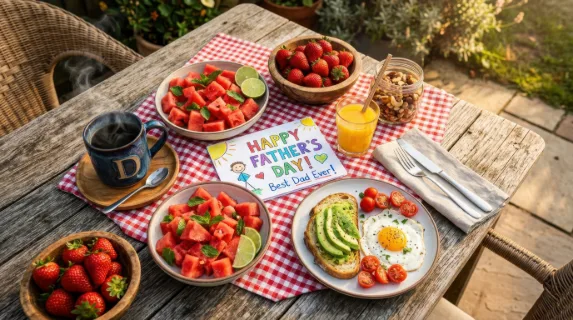 an overhead view captures the colorful picnic spread on a rustic outdoor table, featuring the vibrant father's day card, steaming coffee, and a lively assortment of