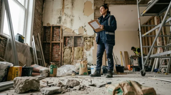 a distinct low-angle shot of the restoration assessor standing confidently, reviewing the damage, with repair materials and a partially damaged wall in the background