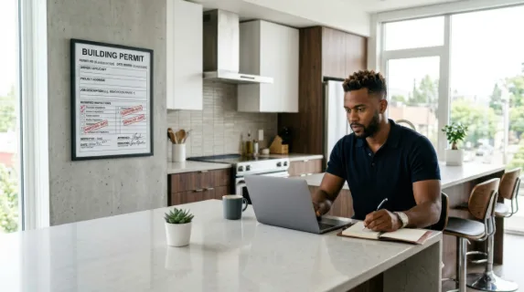 a graphic commercial shot of a 29-year-old black male tech entrepreneur seated at his modern kitchen island, working intently. the lighting is crisp and even, emphasizing