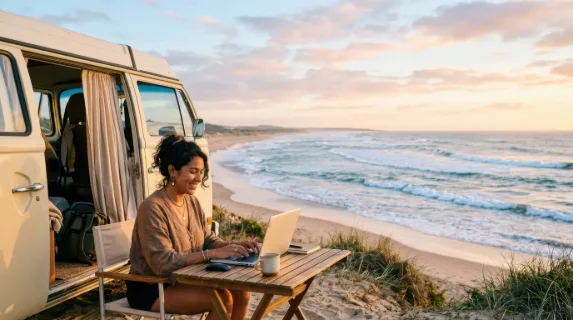 a 31-year-old latina female remote worker, seated at a small foldable table outside her campervan, is immersed in her laptop while enjoying the vibrant view of crisp