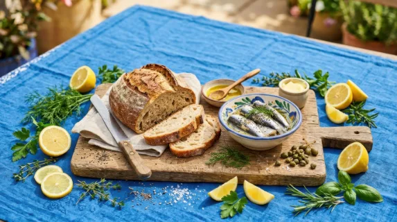 a graphic commercial composition featuring the rustic wooden board with the loaf of bread and sardines prominently at the center, surrounded by scattered lemon slices and