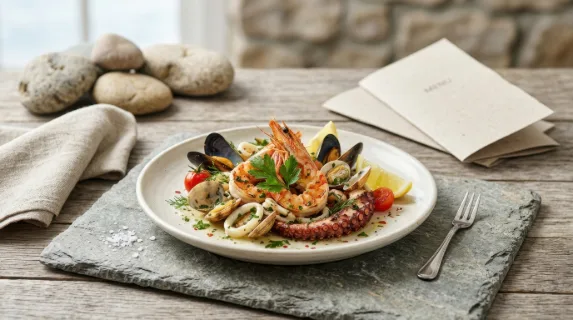 a clean, graphic composition showcasing the seafood dish against a soft backdrop of natural rocks and blank menus, specifically designed for advertising with generous
