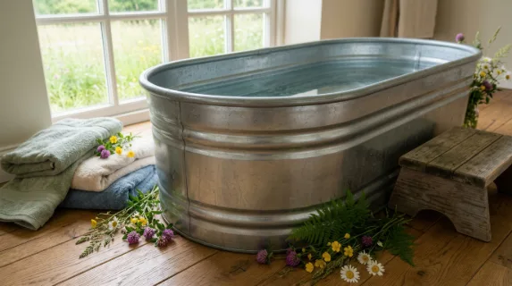a distinctive low angle perspective of the galvanized cold plunge tub surrounded by soft towels and fresh meadow flowers. the composition highlights the colorful details