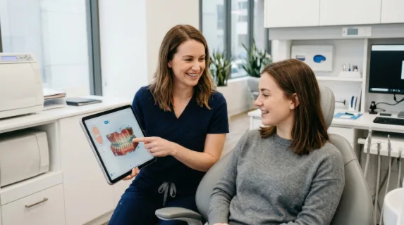 in a clean, modern orthodontic office, a 28-year-old white female orthodontist engages with a patient, showcasing 3d scan results on a digital tablet. the sleek white