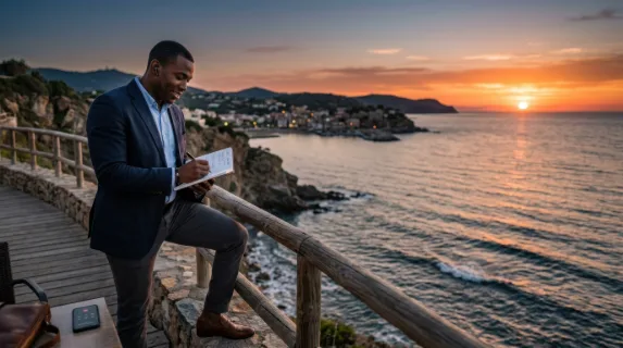 a 31-year-old black male consultant, dressed in smart casual attire, takes notes on a notepad while on a call by the seaside during an enchanting summer evening. he