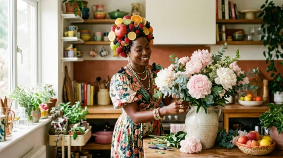 in a vibrant sunlit kitchen, a 30-year-old black female interior designer is creatively styled with her head resembling a fruit, blending seamlessly into her wardrobe