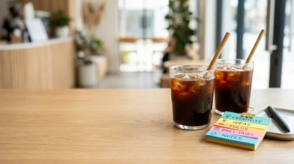 a graphic commercial composition showcasing the clean modern table surface with neatly arranged colorful notes and iced americanos in clear glasses. with generous