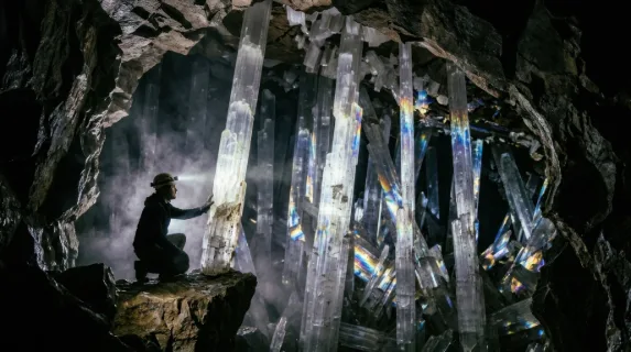 A deep cave system at the moment a spelunker's headlamp beam first hits an undiscovered crystal chamber, thousands of selenite columns rising floor to ceiling like frozen