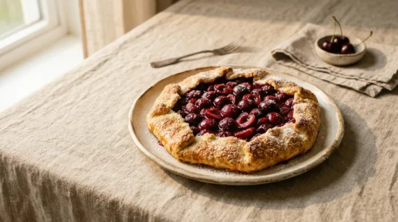 a bold, clean composition featuring the cherry galette on a textured linen tablecloth with generous negative space surrounding it, optimized for advertising. the golden