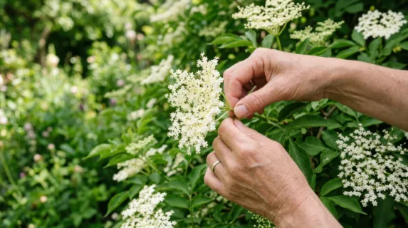 close-up detail of hands gently plucking elderflowers from a vibrant garden, revealing the delicate textures and rich details of the blooms. the soft diffusion of