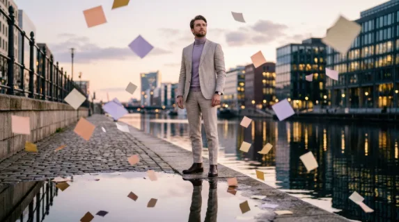 a low-angle view focusing on the eastern european male fashion influencer standing elegantly among gently drifting oversized sticky notes, with a shimmering urban