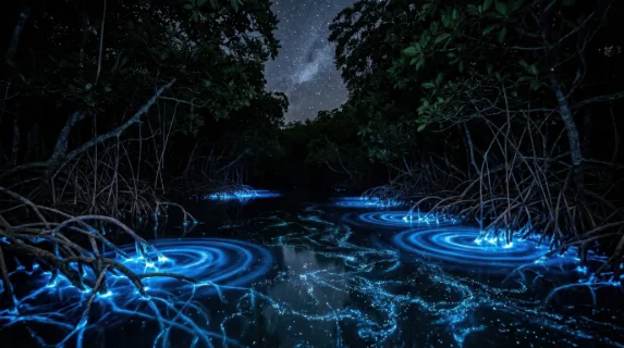 A dense bioluminescent mangrove forest at night, tangled aerial roots glowing electric blue where they meet the water surface, the glow pulsing outward in rings disrupted