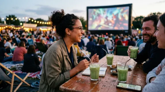 a distinct secondary angle portrays the tech worker's side profile, engaged in conversation with teammates at a rustic brown table filled with iced matcha cups. this