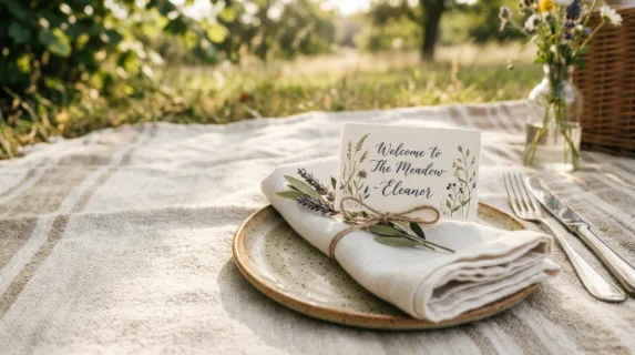 a bold graphic composition focusing on the elegantly arranged place card and delicately folded napkins on a picnic cloth, offering generous negative space for potential