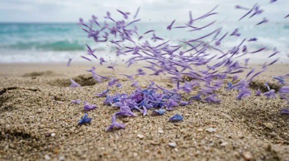 an intimate close-up of delicate lavender petals scattered across the sandy beach, gently lifted by a soft breeze. the texture of the sand contrasts with the vibrant