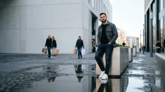 a graphic commercial-style capture of the influencer confidently posing, with generous negative space around him perfect for text overlay, interplaying reflections in the
