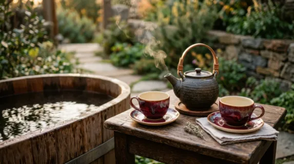 a close-up of the steaming teapot filled with herbal tea placed on a small wooden table next to the rustic cold plunge tub, emphasizing the inviting elegance of the scene