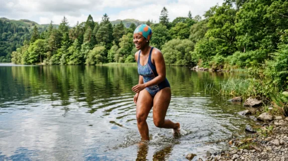 a 30-year-old black female outdoor swimmer joyfully entering a serene lake, her vibrant bright silicone swim cap glistening in the sunlight. the lush greenery surrounding